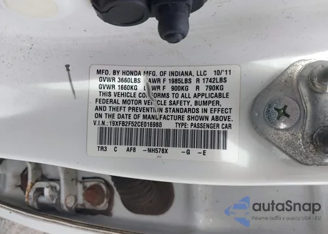 2012 Honda Civic Lx z USA, uszkodzony, nr VIN 19XFB2F52CE016988